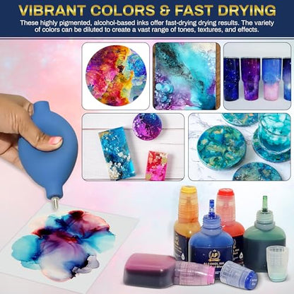 Alcohol Ink Set - 15 pcs of 20ml Vibrant Concentrated Colors Alcohol-Based Ink for Epoxy Resin Art Petri Dish Tumbler Making incl. Acrylic Ink Paper for Alcohol Inks Blending Solution & Paint Brushes