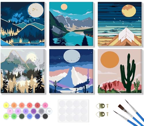 Bowetile 6 Pack Paint by Numbers for Adults Beginners Framed, Landscape Adults' Paint-by-Number Kits, Easy Adult Paint by Number Kits on Canvas, Acrylic Number Painting for Home Decor, 8x8in - color: 8x8in-6-Landscape-04