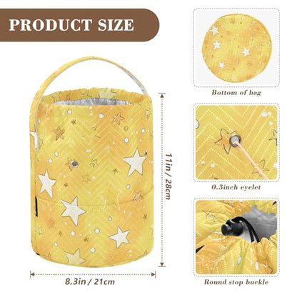 Cartoon Golden Stars and Dots Yarn Bag Small Crochet Bag Drawstring Yarn Storage Organizer Knitting Project Bags Potable Yarn Holder with Holes Handle Crocheting Needles Knitting Accessories - color: Cartoon Golden Stars and Dots
