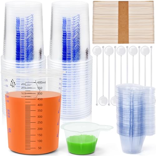 Artcome Mixing Cup Kit - 50 PC 20oz (600ml) Plastic Measuring Cups, 50 PC Wooden Mixing Sticks, 100 PC 40ml Disposable Small Cups, 10 PC Stirring Rods - Ideal for Epoxy Resin, Paint & Liquid Mixing | 50 PC Wooden Mixing Sticks, 100 PC 40ml Disposable Smal