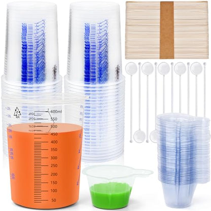 Artcome Mixing Cup Kit - 50 PC 20oz (600ml) Plastic Measuring Cups, 50 PC Wooden Mixing Sticks, 100 PC 40ml Disposable Small Cups, 10 PC Stirring Rods - Ideal for Epoxy Resin, Paint & Liquid Mixing | 50 PC Wooden Mixing Sticks, 100 PC 40ml Disposable Smal