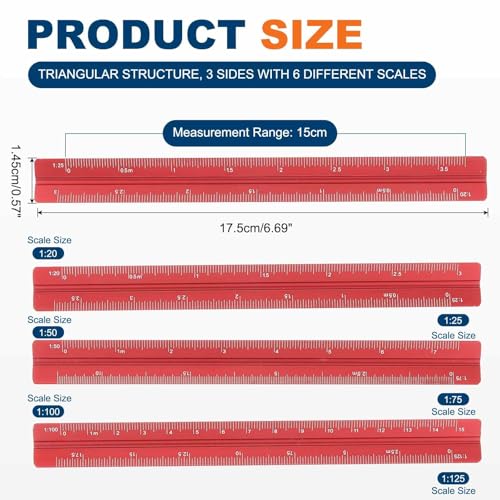 HARFINGTON 2 Pcs Architectural Scale Ruler, 7 Inch Metric Aluminum Alloy Architect Triangular Small Scale Laser-Etched Blueprint Drafting Ruler for Architects Engineers, Red - color: Red, size: 7 Inch