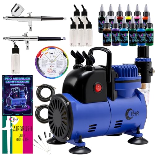 1/5HP Airbrush Kit with Compressor, Dual Air Brush Set with Paints | 12 Acrylic Paint Colors, 6 Siphon Bottles, Cleaning Tools and Mixing Wheel for Art, Craft, Model, Auto and T-Shirt Painting
