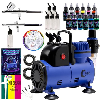 1/5HP Airbrush Kit with Compressor, Dual Air Brush Set with Paints | 12 Acrylic Paint Colors, 6 Siphon Bottles, Cleaning Tools and Mixing Wheel for Art, Craft, Model, Auto and T-Shirt Painting