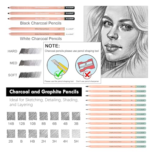 KALOUR PDAS 39pcs Drawing Pencil Set, Professional Sketching Kit with Graphite, Charcoal & Sketch Pencils for Drawing, Complete Drawing Kit for Artists & Beginners