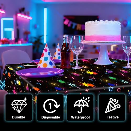 Kochorie 2 Pack Glow in the Dark Birthday Tablecloth 54 x 108 Inch Neon Disposable Plastic Table Cover Graffiti Paint Glow Table Cloths for Black Light Party, Let's Glow Birthday Decorations - style: Glow in the Dark Birthday