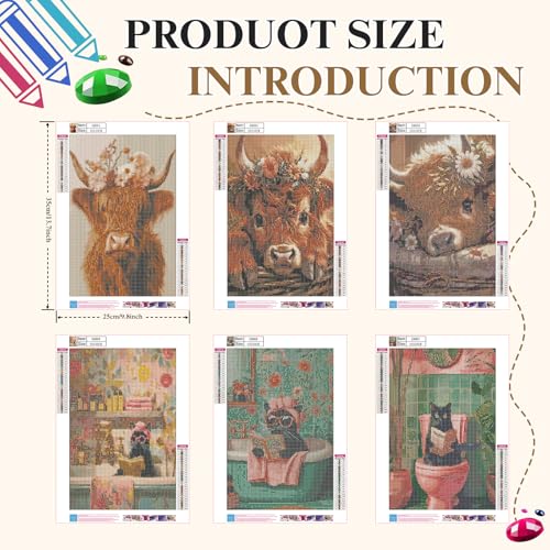 6 Pack 5D Highland Cow Black Cat Diamond Painting Kits 9.8x13.7 Inch - color: KM964+KM965+KM966+KM967+KM968+KM969-1