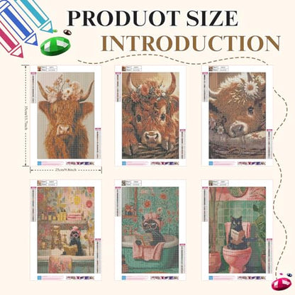 6 Pack 5D Highland Cow Black Cat Diamond Painting Kits 9.8x13.7 Inch - color: KM964+KM965+KM966+KM967+KM968+KM969-1