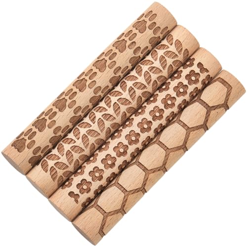 CREATCABIN 4 Pcs Wooden Clay Texture Rollers Clay Modeling Pattern Rollers Kit Pottery Stamp Roller Tools Paw Hexagon Leave Flower Rolling Pin Handmade Craft Art for Ceramics Painting DIY 3.94 Inch