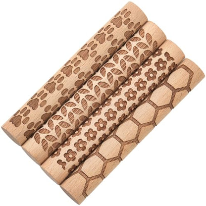 CREATCABIN 4 Pcs Wooden Clay Texture Rollers Clay Modeling Pattern Rollers Kit Pottery Stamp Roller Tools Paw Hexagon Leave Flower Rolling Pin Handmade Craft Art for Ceramics Painting DIY 3.94 Inch