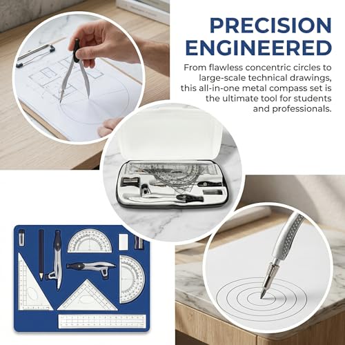 10-Piece Compass Set, Black Plastic Case, Precision Geometry Kit for Drafting, Engineering, Drawing & Technical Design – Includes Compasses, Rulers, Protractor, Pencil, Eraser & Sharpener