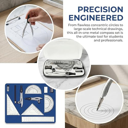 10-Piece Compass Set, Black Plastic Case, Precision Geometry Kit for Drafting, Engineering, Drawing & Technical Design – Includes Compasses, Rulers, Protractor, Pencil, Eraser & Sharpener