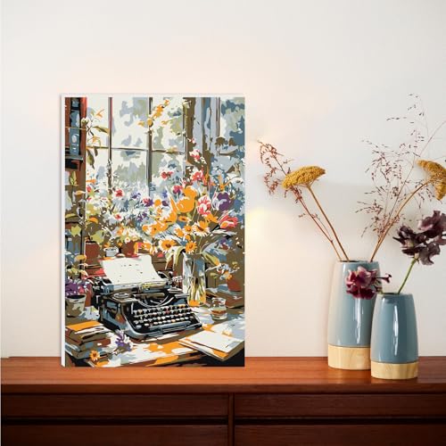 Lxmsja Typewriter Flowers Paint by Numbers Kit for Adults, Window Landscape Acrylic Paint by Numbers for Adults Beginner, DIY Craft Supplies Oil Painting Kits for Home Wall Decor 8x12 inch (Framed) - color: yellow#089
