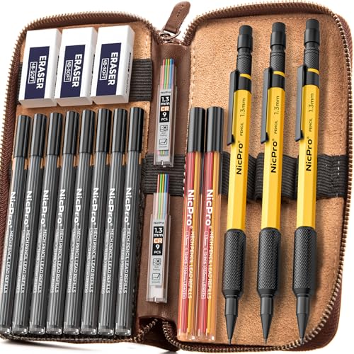 Nicpro 21PCS 1.3 mm Mechanical Pencil Set in Leathercase with 138 Lead | 3 Eraser, Eraser Refills- Weatherproof Metal Barrel, Heavy Duty Carpenter Pencil for Outdoor Marking Drawing Woodworking - color: Yellow
