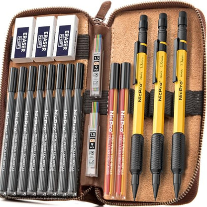 Nicpro 21PCS 1.3 mm Mechanical Pencil Set in Leathercase with 138 Lead | 3 Eraser, Eraser Refills- Weatherproof Metal Barrel, Heavy Duty Carpenter Pencil for Outdoor Marking Drawing Woodworking - color: Yellow