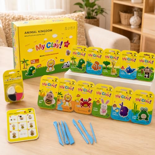 Air Dry Clay Kit, 12 Animals Kingdom Modeling Clay for Kids, DIY Model Magic Clay with Tools&Idea Cards, Soft&Non-Sticky, Safe&Non-Toxic Magic Clays, Creatible Art Crafts Toys Gifts for Boys Girls - color: 12 Packs Animal Kingdom Kit