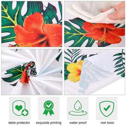 Oudain 6 Pcs 84" Summer Round Hawaiian Tablecloths, Lagre Tropical Luau Plastic Table Covers with Palm Leaves & Hibiscus Flower, Aloha Tiki Beach Pool Party Decorations Supplies (White) - color: White