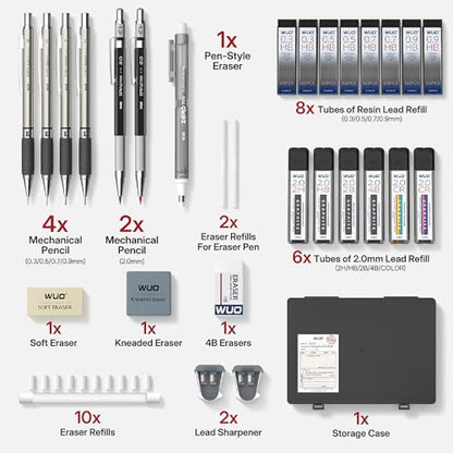 WUO 38PCS Art Mechanical Pencil Set with Storage Case, Metal Drawing Pencil - color: Black+Silver2 - 4 Sizes + 2.0mm