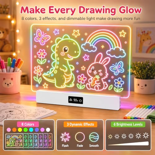 OUTON Rechargeable LED Drawing Board for Kids, 16" Glow Doodle LED Note Board with 8 Colors, 3 Light Effects, Reusable Neon Light Up Drawing Tablet Gift for Girls and Boys with Battery Display, White - color: White