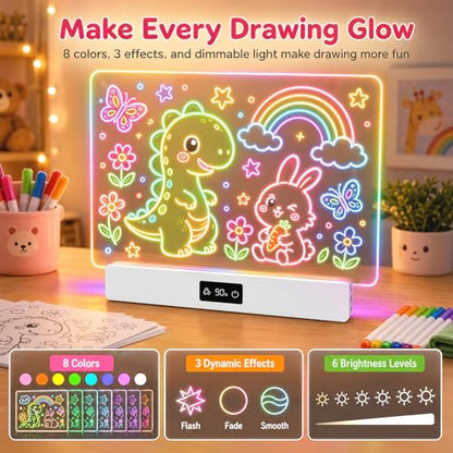 OUTON Rechargeable LED Drawing Board for Kids, 16" Glow Doodle LED Note Board with 8 Colors, 3 Light Effects, Reusable Neon Light Up Drawing Tablet Gift for Girls and Boys with Battery Display, White - color: White