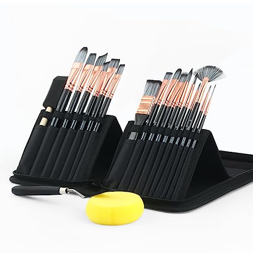 Transon 20Pcs Art Paint Brush Kit with Storage Case, 16 Brushes + Foam Brush Spatula Sponge for Acrylic Oil Watercolor Gouache, Adults Teens Beginners Art Supplies - color: Black