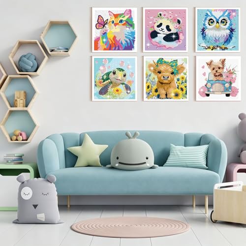 Diamond Art Kits for Kids - 6 Pack 5D Diamond Painting Kits - Arts and Crafts for Kids Ages 8-12 - Full Drill Cute Animals Dimond Art Painting Kits - DIY Big Gem Art - Home Wall Decor Gifts 6x6 Inch
