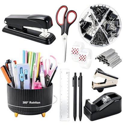 Gawsey Black Desk Organizers and Accessories with Desk Organizer 360° Rotating Pen Holder and Office Supplies, Cute Stationery Supplies Set - color: A Black