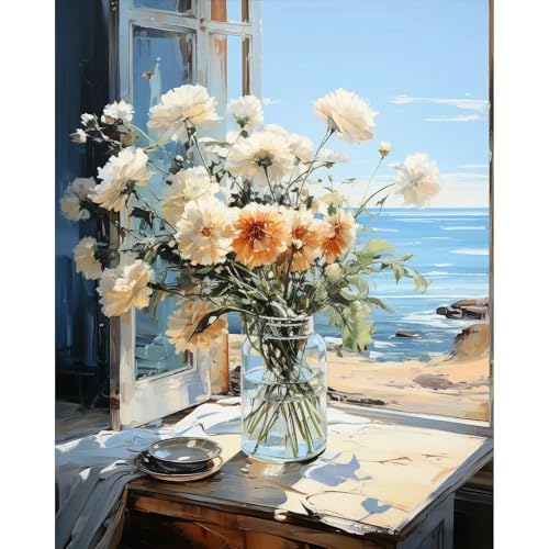 PRASIO Paint by Numbers Kit for Adults Beginner, Flower Adult Paint by Number Kits on Canvas, DIY Acrylic Watercolor Oil Paint by Number for Adults for Home Decor Gift 16x20 Inch - color: XM-OP-WindowsillFlower02-4050