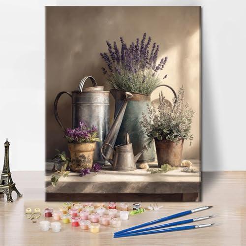 TUMOVO Flowers Acrylic Paint by Numbers Kit for Adults Floral in Tin Cans | retro 16x20 inch pre-numbered canvas with acrylic paints, match numbers to colors, no color mixing needed. - color: Watering Cans
