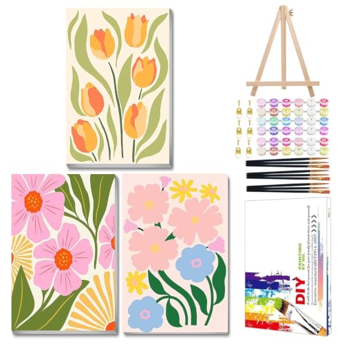 Mandun 3 Pack Paint by Numbers Kit for Adults with Frame, Easy Flower Paint by Numbers, Adult Gift Craft Kits 7.8x11.8 Inch with Frame and Easel - color: 3 Pack Simple Flowers