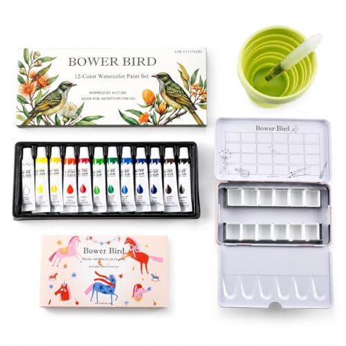 Bower Bird 12-Color Watercolor Paint Set, Mini Travel Kit with Metal Tin Palette, Brush, Sketchbook, and Collapsible Cup (Pink Horse Set)