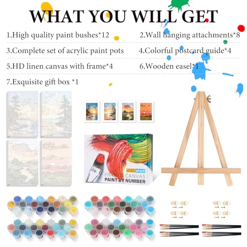 4 Pack Framed Paint by Numbers Kit for Adults with Wooden Easel 8x12 Inch - color: FOP4P-02