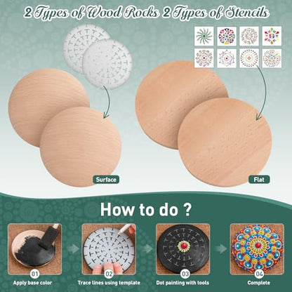 Mandala Rock Painting Kit - Mandala Dotting Tools for Painting - Including Large Wooden Rocks, Acrylic Paints, Stencils, Painting Tools, Manual, Arts Crafts Kit for Adults, Gifts for Women/Mom