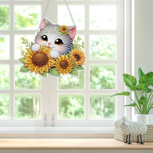 Bowetile Hanging Diamond Art Cat Kits for Adults, 5D Special Shape Diamond Painting Sunflower Kits, Animal Diamond Gem Art Suncatchers Painting Pendant Ornament for Home Garden Wall Decor - color: Cat, Sunflower