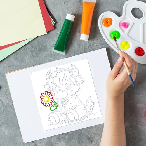 Keluna 12 Pcs Reusable Cow Farmhouse Stencils for Painting - Large Flower Cow Paint Stencils, Animal Template for Crafts on Wood Canvas Furniture - style: cow with flag