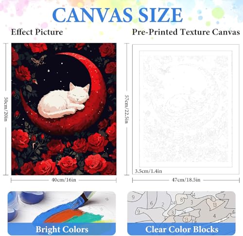 Paint by Numbers Kit for Adults Beginner Animal,Moon Flowers Cat,16x20" | Full set with wooden brushes,rolled canvas,rich paints.Calming activity.Beginner friendly.Just open and paint. - color: 16"X20"Rolled Canvas(Frameless)-Cat 15