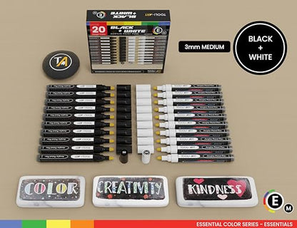 TOOLI-ART Black And White Acrylic Paint Markers Paint Pens Set For Rock Painting, Canvas, Mugs, Metal, Glass Paint, Fabric, Wood, DIY. Non Toxic, Quick Dry,Waterbas (MEDIUM) - style: MEDIUM