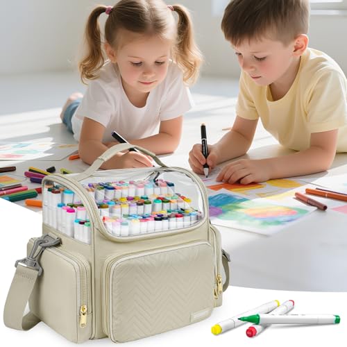 Marker Organizer Case for 200+ Markers,Travel Marker Storage Bag with Dividers,Marker Organizer Holder for Paint Brushes,Colored Pencils and Other Art Supplies,Bag Only,Apricot - color: Apricot