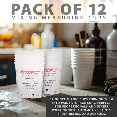 Custom Shop Paint Mixing Cups, 32-Ounce, 12 Pack, Plastic Measuring Cups | For Liquids, Automotive Painting, Epoxy Resin, Acrylic Arts, Crafts, Disposable or Reusable, Graduated, Mixing Ratios - style: 12 Cups
