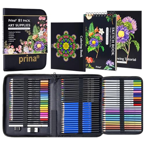 PRINA 81 Drawing Set Sketching Kit, Pro Sketch Pencils Art Supplies with Rainbow, Colored, Graphite, Watercolor, Metallic, Charcoal Pencil, Sketchbook, Coloring Book, Gift Case for Artists Adults Kids
