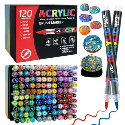 120 Colors Acrylic Paint Markers Set, 100 Paint Markers Opaque + 20 Metallic Acrylic Paint Pens, Direct Liquid System for Rock, Ceramic, Glass, Fabric, Wood, Canvas, Stone, Metal - Art Supplies Gift