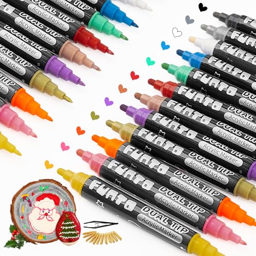 Funto Dual Tip Acrylic Paint Markers, Paint Pens for Rock Painting, Wood, Canvas, Ceramic, Fabric, 12 Colors, Quick Drying, Non-Toxic, Arts and Crafts - color: 12-2 Colors