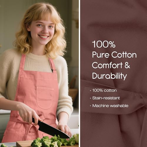 Unisex Apron with Pockets for Cooking, Salon & Art - 100% Cotton Adult Kitchen, Chef, Stylist Apron (Pink) - color: Pink