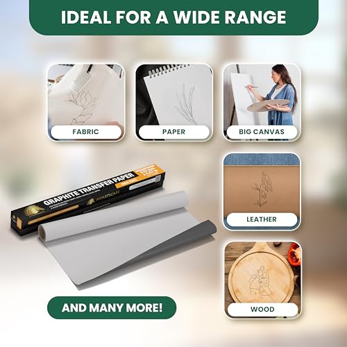 MyArtscape Graphite Transfer Paper Roll, Wax-Free, 17" x 15ft Transfer Roll with Graphite Transfer Paper, 20 Mixed Sheets - Erasable - Smudge-Free
