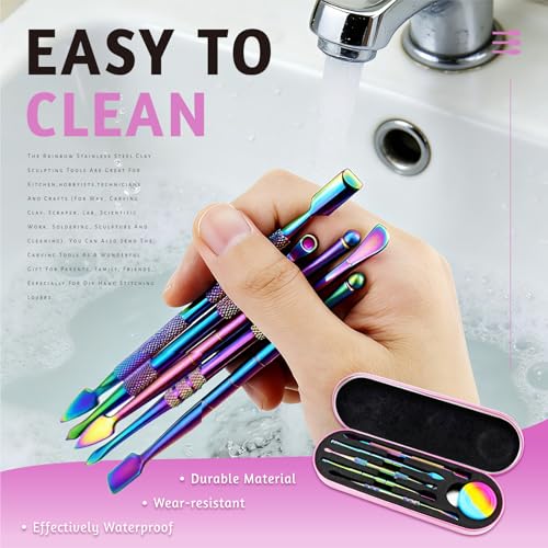 YETOOME 6 Pcs Wax Carving Tool Set with 5 ml Silicone Container and Portable Pink Metal Case, Double-Ended Carving Tool Stainless Steel Wax Sculpting Tools for Wood, Wax, Clay, Pottery, Rainbow Color