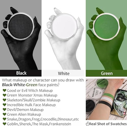 White Black Green Face Body Paint with Painting Brushes Halloween Makeup Set, Water Based Facepaint for Kids Adults Party for Witch Shrek Alien Grinch Hulk Costume Cosplay Special Effects Make Up - color: Black+White+Green+3Pcs Brushes