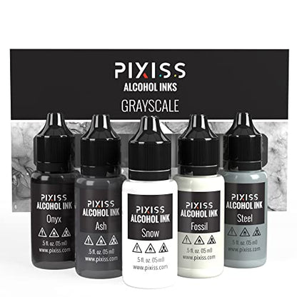 Pixiss Grayscale Alcohol Ink Set - 5 Shades of Highly Saturated Alcohol Ink for Epoxy Resin Supplies, Yupo Paper, Tumblers, Coasters - Resin Colorant for Epoxy Resin and Resin Art Supplies - color: White