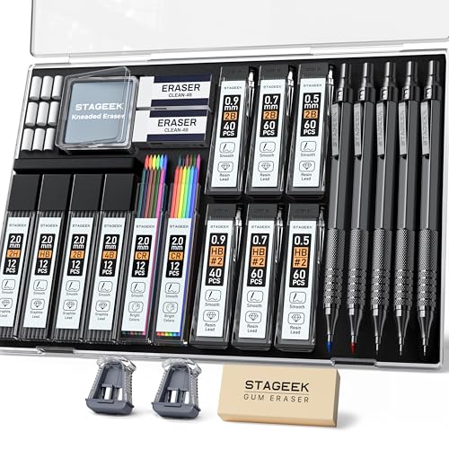 STAGEEK 25PCS Art Mechanical Pencil Set, 3PCS Metal lead pencil 0.5, 0.7, 0.9, 2PCS 2mm Drawing Pencil (HB 2H 2B 4B Color) with 392PCS Graphite Leads, Eraser with Case for Drafting Drawing Writing - color: Black, style: 0.5+0.7+0.9+2.0MM