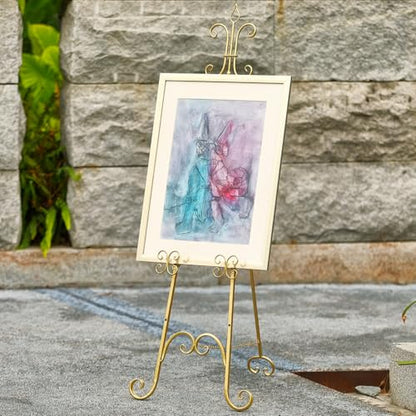 20"L x 26.75"W x 56.5"H Large Easel Stand for Display, Adjustable Heigh Metal Gold Easel Stand with Chain Support, Heavy Duty Easel for Mirror, Sign, Wedding, Picture Frame. (No Installation Required)