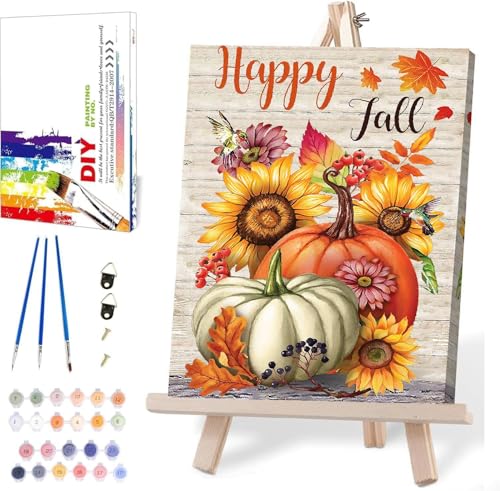 Fall Paint by Numbers for Adults with Framed Canvas-with Wooden Easel,Pumpkin Paint by Number on Canvas ,DIY Acrylic Oil Painting Kits with Brushes Nice Gift Box for Home Wall Decor(12x16 Inch) - color: MT10429-Framed